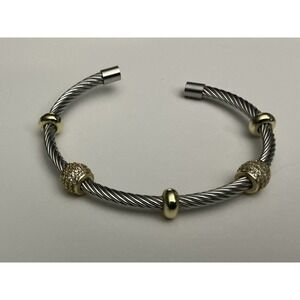 Two Tone Cable Cuff Bracelet Gold Tone Pavé Crystal Beads Silver Tone